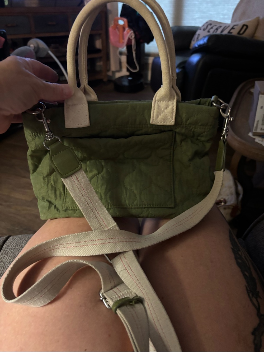 Green Quilted Canvas Tote with Cream Handles